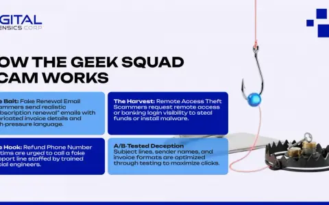El **geek squad scam** usa correos falsos de renovación para engañar. Te piden llamar a un número falso para robar tus datos o instalar malware.
