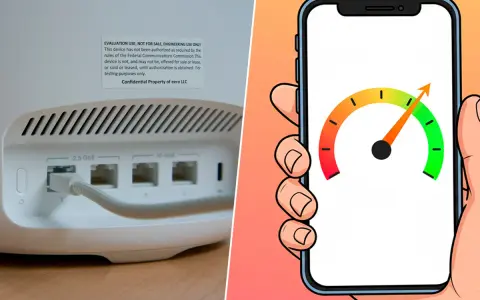 Velocidad de internet en un smartphone, con un medidor de rendimiento alto, junto a un router con puertos 2.5 GbE y 10 GbE, anticipando el futuro IEEE 802.11be.