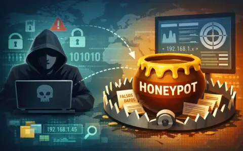 Un hacker acecha tras un portátil con calavera. Un **honeypot** atrae con falsos datos en una trampa.