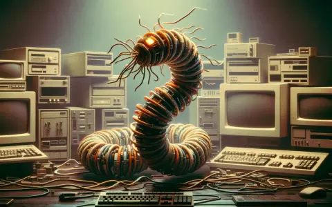 Un gusano morris, hecho de cables y circuitos, emerge de una pila de computadoras antiguas.