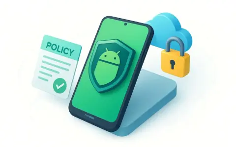 Un teléfono con un escudo de Android, un documento de "POLICY" y un candado en una nube. Así funciona la device policy para proteger tus datos.