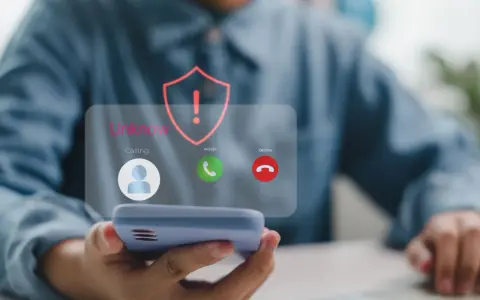 Alerta de llamada desconocida. El escudo rojo con signo de exclamación advierte sobre posibles estafas telefónicas.
