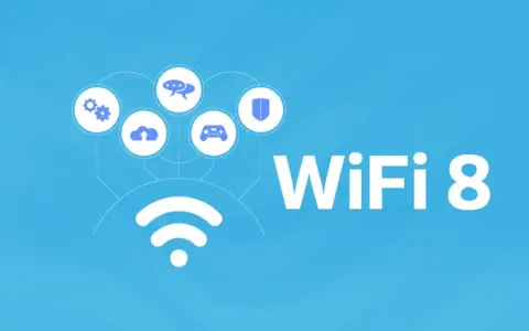 Iconos de configuración, nube, chat, mando y escudo conectados a un símbolo de wifi. Texto "WiFi 8".