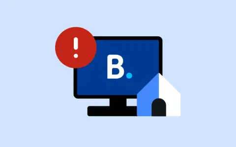 Alerta de posibles reservas falsas en Booking. Un monitor muestra la letra B y una casa estilizada, con un signo de exclamación rojo.