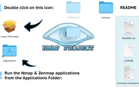 Instrucciones para instalar Nmap. Muestra el paquete de instalación, la carpeta de aplicaciones y el logo de Nmap Project. Se mencionan comandos nmap.