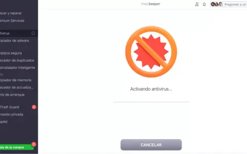 Icono de prohibido con un virus rojo en el centro, indicando que se está activando el antivirus en Mac.