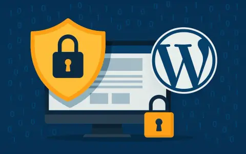 Escudo y candados protegen un monitor con el logo de WordPress. La **seguridad WordPress** es clave.