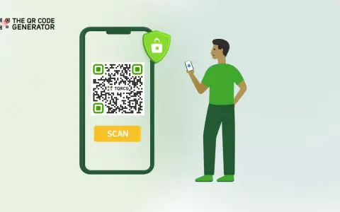 Hombre escanea un código QR en un teléfono. Un escudo de seguridad verde con un candado indica que es un QR falso.