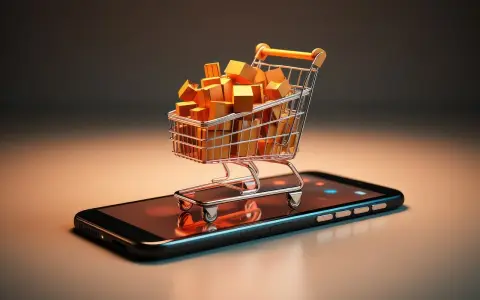 Carrito de compras lleno de cajas doradas sobre un teléfono móvil, simbolizando una posible estafa de compra online.