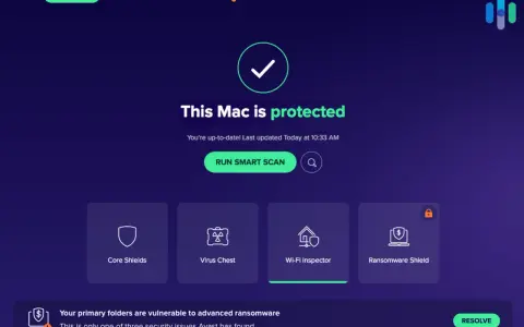 Interfaz de Avast Security mostrando "This Mac is protected". Ofrece un escaneo inteligente y opciones como Core Shields, Virus Chest, Wi-Fi Inspector y Ransomware Shield. Es un antivirus para Mac gratis.