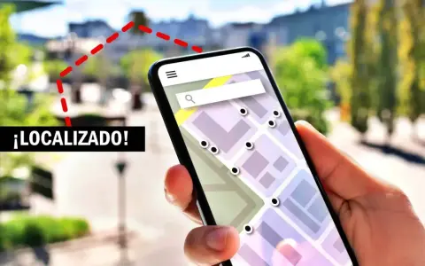 Mano sujetando un móvil con mapa y puntos de localización. ¡Localizado! se puede saber la ubicación de un móvil.