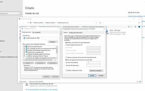 Ventana de configuración de red, mostrando opciones para borrar DNS y configurar la conexión.