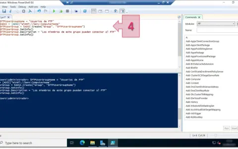 Script de PowerShell para crear un grupo de usuarios FTP. El número 4 señala la acción de ejecutar el script.