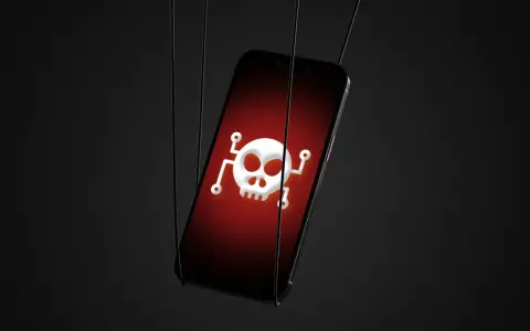 Un iPhone con un símbolo de calavera y tibias cruzadas en la pantalla, sugiriendo cómo saber si mi iPhone tiene un virus.