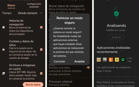 ¿Cómo saber si mi tablet tiene virus? Pantallas de configuración de privacidad y Play Protect, mostrando análisis y opciones de reinicio seguro.
