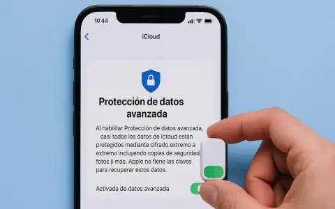 Dedo activando Protección de datos avanzada en un iPhone. La pantalla muestra la opción de "ubicacion iphone apagado" para mayor seguridad.