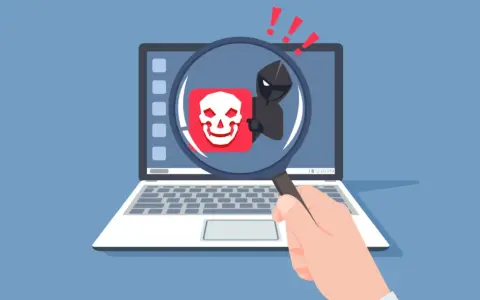 Lupa amplía un icono de calavera sonriente y un hacker, indicando la amenaza del virus Melissa.