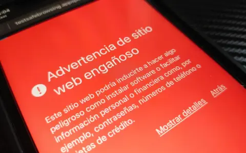 Alerta de advertencia en pantalla roja: "Advertencia de sitio web engañoso". Ayuda a comprobar web fraudulenta.
