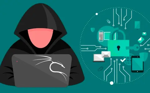 Figura de un hacker con capucha usando un portátil con el logo de Kali Linux. A su lado, un círculo con iconos de seguridad y un sniffer de red.