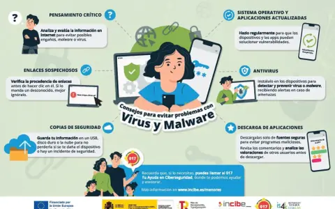 Consejos para evitar virus y malware: pensamiento crítico, enlaces seguros, copias de seguridad, sistema actualizado, antivirus y descargas fiables.