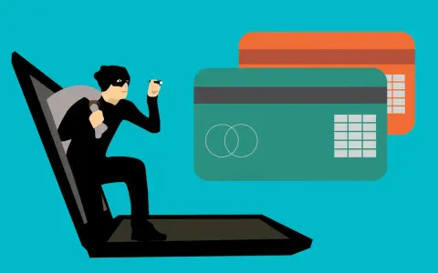 Ladrón sale de portátil con saco y linterna, cerca de tarjetas de crédito. Aprende como saber si una tienda online es falsa.