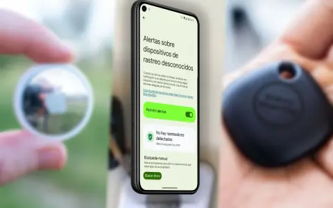 Teléfono muestra cómo activar "Encontrar mi dispositivo" para alertas de rastreo. Un localizador en mano.