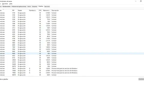 Ventana del Administrador de Tareas mostrando múltiples procesos svchost.exe en ejecución, cada uno con su PID, uso de memoria y descripción.