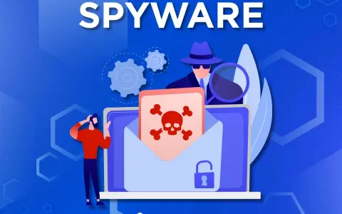 Ilustración sobre tipos de spyware: un detective con lupa investiga un sobre con calavera y candado, mientras una persona preocupada mira.