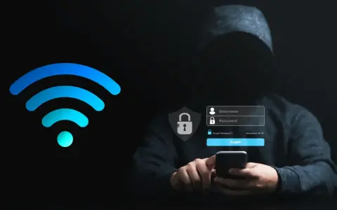 Persona con capucha intenta acceder a dispositivos conectados a mi wifi. Pantalla de inicio de sesión con candado y campos de usuario/contraseña.