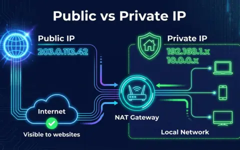 Ilustración comparando direcciones IP públicas y privadas, con un router y un globo para la pública, y una casa y dispositivos para la privada.