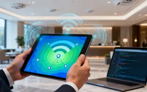 Persona usa una tablet para monitorizar red wifi, con gráficos de señal y puntos de conexión. Un portátil con código está cerca.