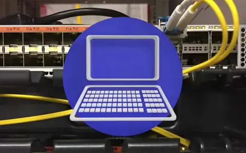 Icono de portátil sobre un switch de red con cables amarillos, simbolizando la conexión cable de red.