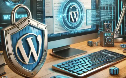 Escudo de seguridad de WordPress con un candado y un monitor que muestra código. La imagen evoca una amenaza digital.
