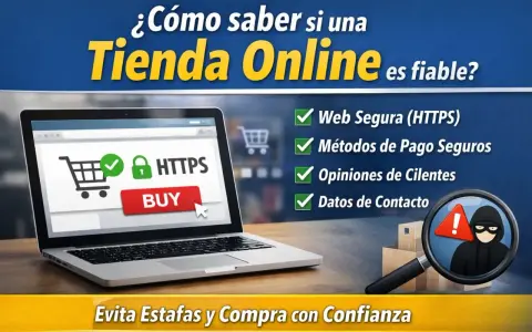 Laptop muestra cómo identificar una web fiable: HTTPS, pagos seguros, opiniones y datos de contacto. ¡Compra con confianza!