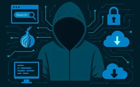 Figura de un hacker con un **security onion** en el centro, rodeado de iconos de búsqueda, candado, nubes y un monitor.