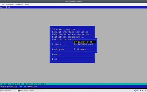 Monitor de tráfico de redes Linux iptraf-ng. Muestra estadísticas de paquetes por tamaño.