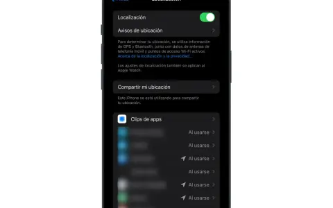 Ajustes de localización del iPhone, con la opción "Compartir mi ubicación" activa. El servicio de localización permite compartir tu posición.