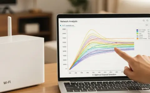Un dedo señala un gráfico de análisis de red en una laptop, mostrando el rendimiento de varios canales Wi-Fi. Un router Wi-Fi blanco está al lado.