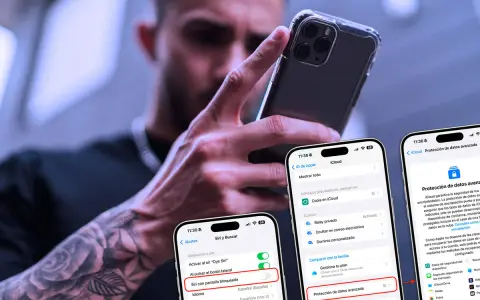 Un hombre con tatuajes manipula un iPhone, mostrando opciones de seguridad y "Protección de datos avanzada", sugiriendo un posible hackeo de iPhone.
