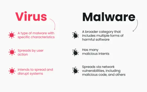Comparación entre virus y malware. Un virus es un tipo de malware que se propaga por acción del usuario, mientras que el malware es una categoría más amplia de software dañino.