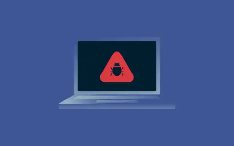 Laptop con alerta de virus. Un icono de insecto rojo dentro de un triángulo de advertencia en la pantalla indica la necesidad de un análisis de virus.