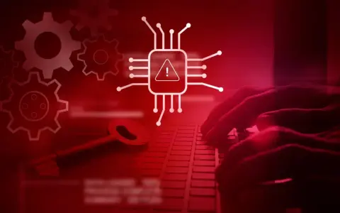 Manos tecleando, engranajes y una llave junto a un chip con alerta, simbolizando un virus digital.