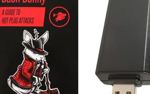 Un libro sobre "Bash Bunny" y un dispositivo USB negro. El libro muestra un conejo con sombrero y abrigo, listo para atacar.