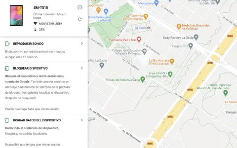 Pantalla de "Encontrar mi dispositivo" de Google. Muestra un tablet SM-T510 y un mapa. ¡No encuentro mi móvil!