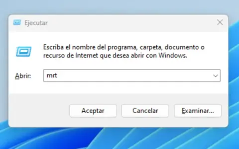 Ventana "Ejecutar" de Windows con "mrt" escrito, listo para iniciar el asistente de **virus removal**.