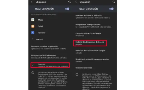 Ajustes de ubicación en Android. Muestra cómo activar el historial para ver la ubicación de un contacto.