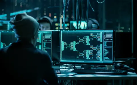 Un ordenador hacker en un cuarto oscuro, con pantallas mostrando diagramas de flujo y código.
