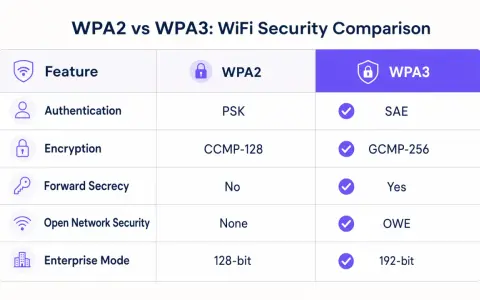 Tabla comparativa de seguridad WiFi: WPA2 vs WPA3. Muestra características como autenticación, cifrado y claves wifi WPA WPA2.