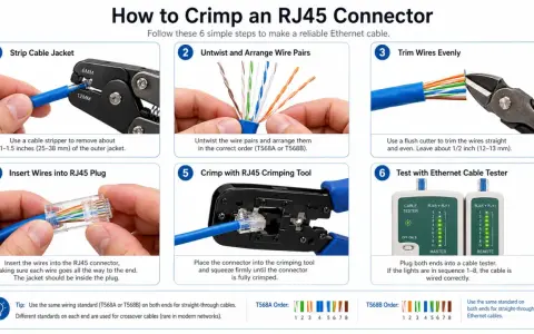 Guía paso a paso para crimpar un conector RJ45, incluyendo el orden de los cables T568A/B y la prueba con un tester.