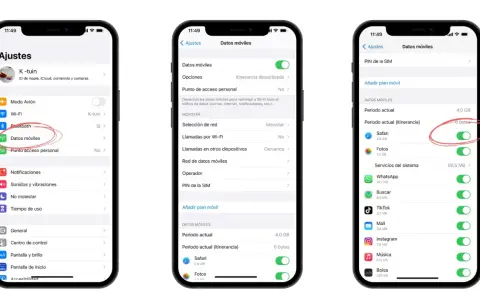 Captura de pantalla de un iPhone mostrando la configuración de "Datos móviles" para encontrar mi móvil iPhone. Se ve el uso de datos de Safari y Fotos.